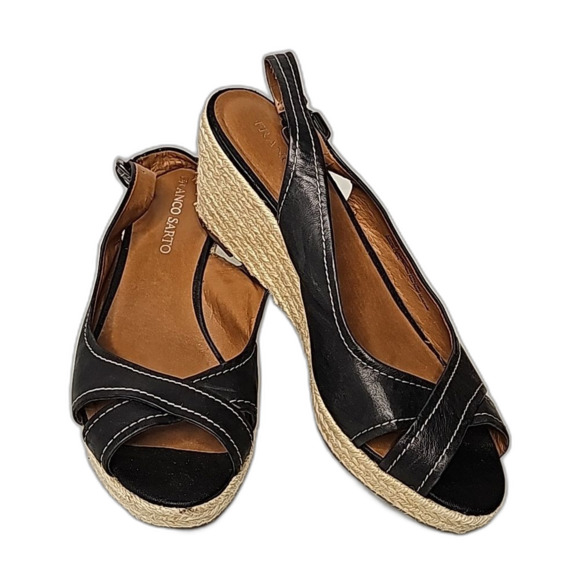 Franco Sarto Wedges Black Leather White Stitching Size 10 - Picture 1 of 8